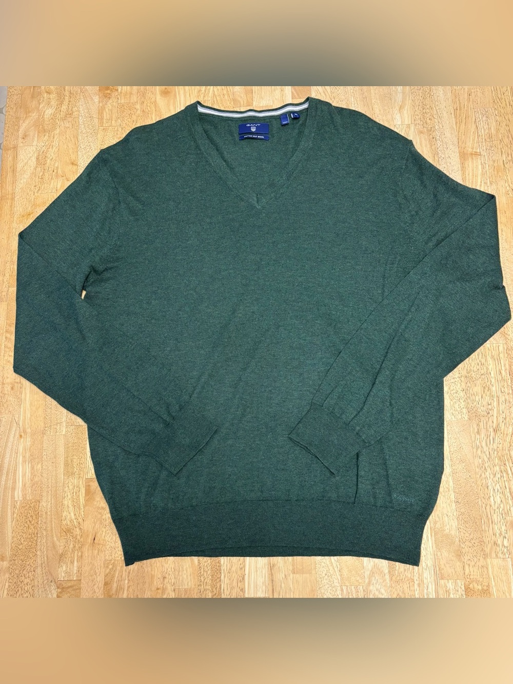 Gant Green V-Neck Sweater Cotton Silk Wool Blend Fine Knit Pullover Extra Large